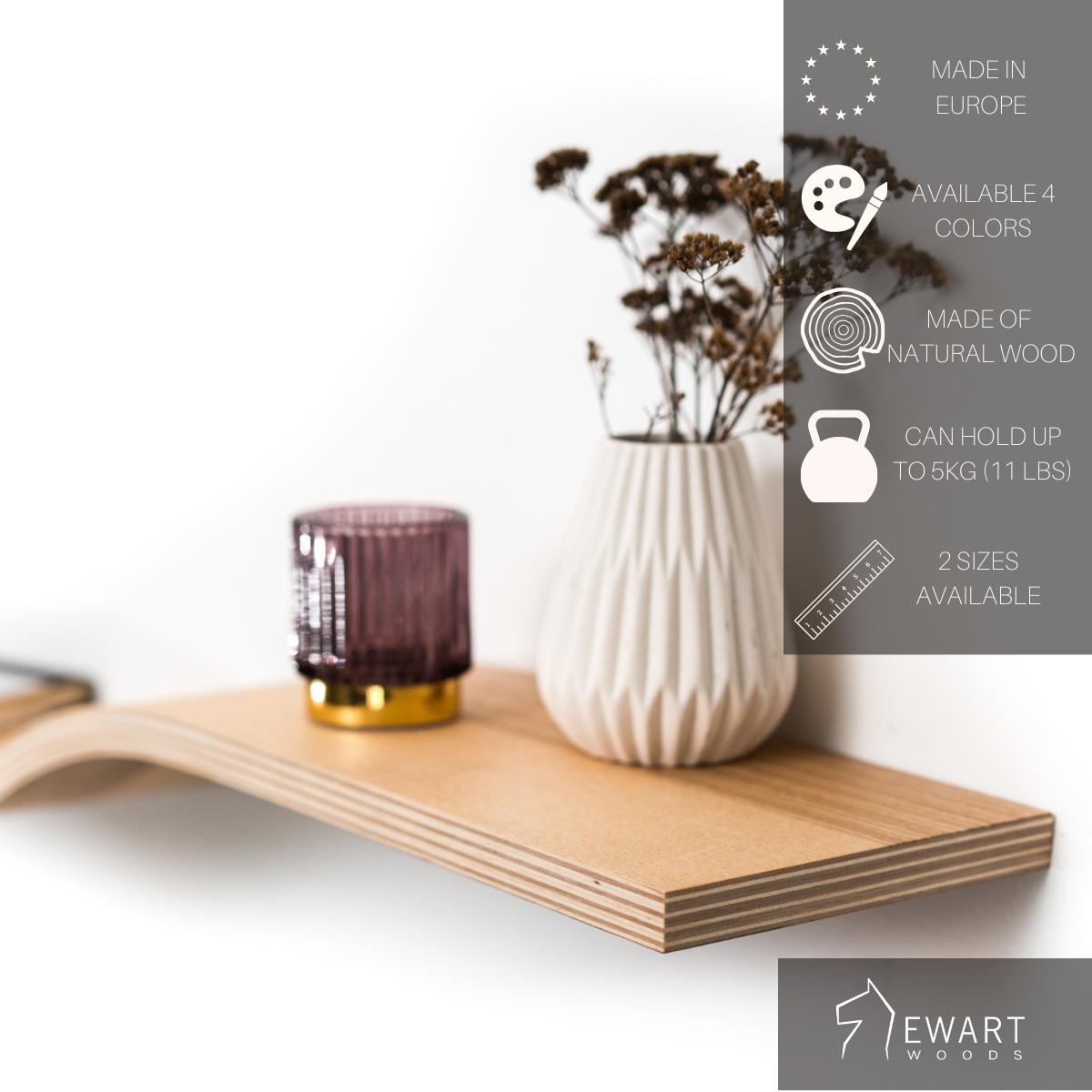 Close-up view of simple wooden floating shelf along with manufacturer specifics