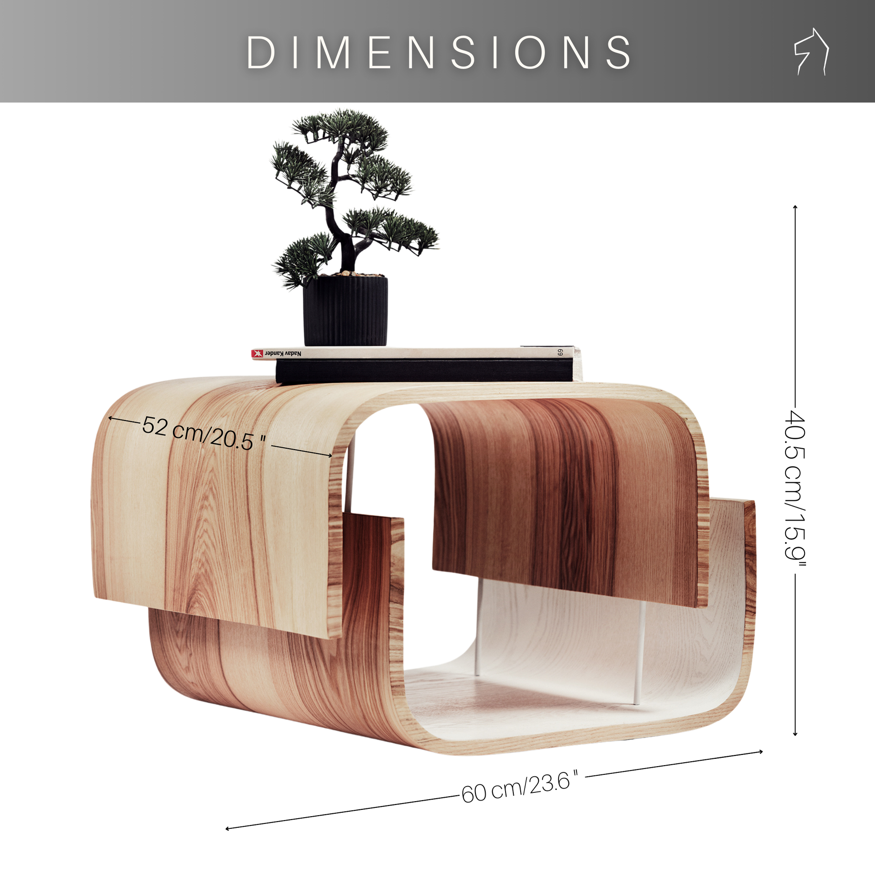 Wooden side table with dimensions labeled on a white background