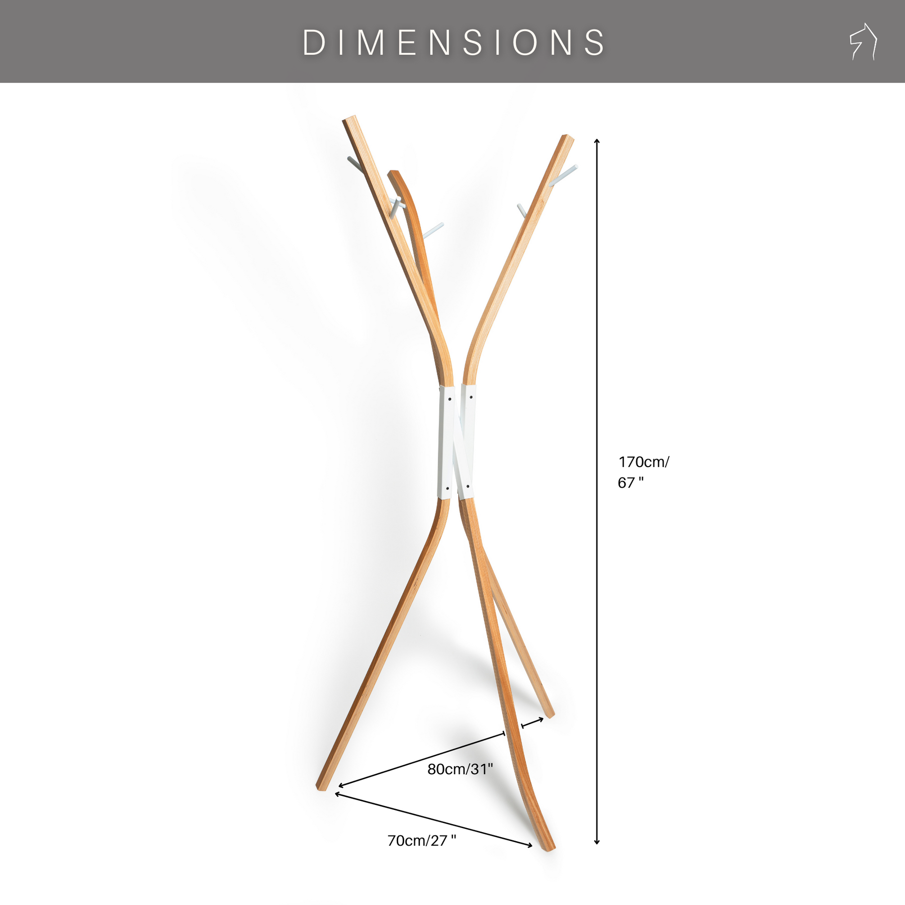 Dimensions for wooden free standing coat rack with black or white metal middle conjunction part