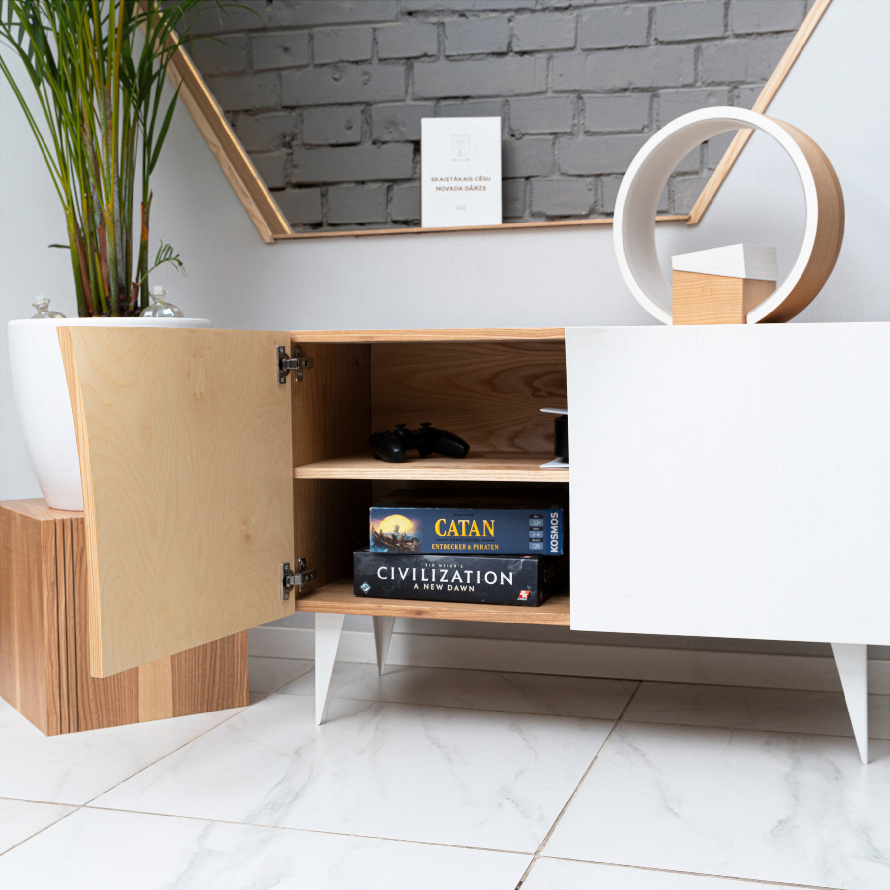 Unique buffet cabinet with storage in oak wood finish