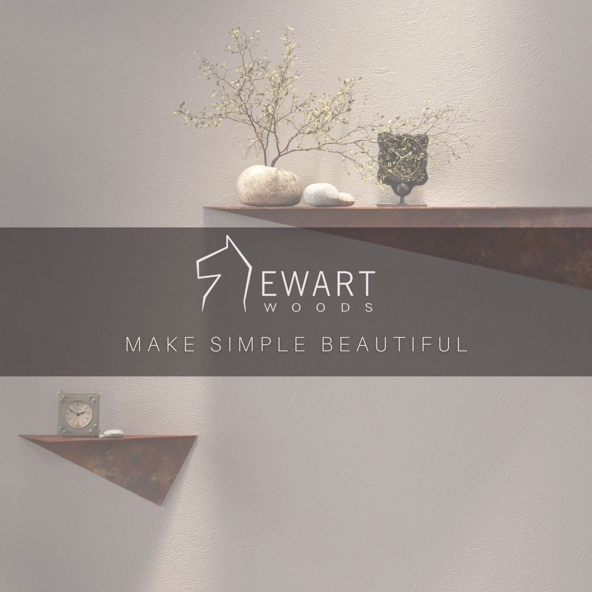 Rustic metal decor shelves with textured surfaces, displaying a decorative plant, smooth stones, a black vase, and a clock. The image features the &