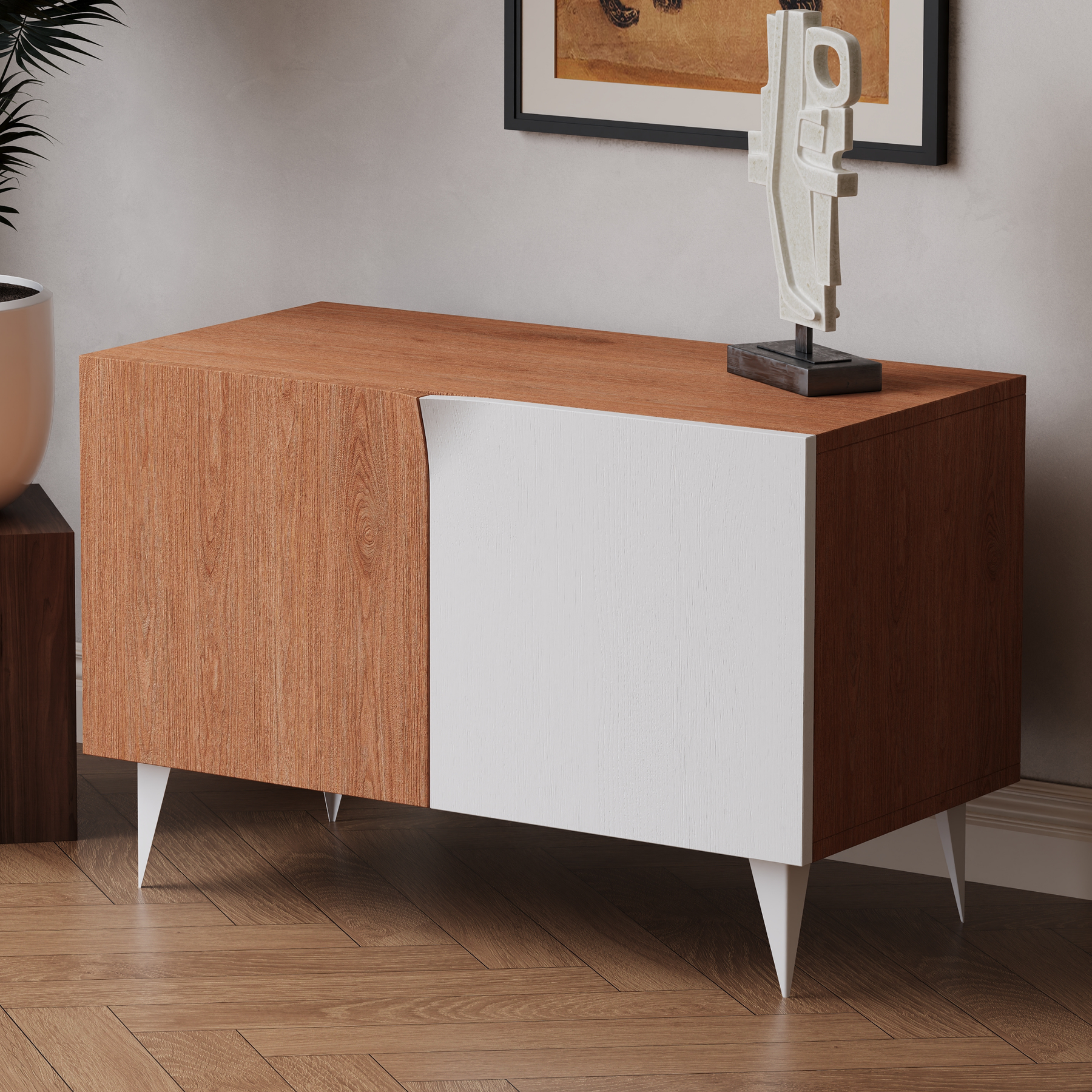 Unique buffet cabinet with storage in cherry wood finish