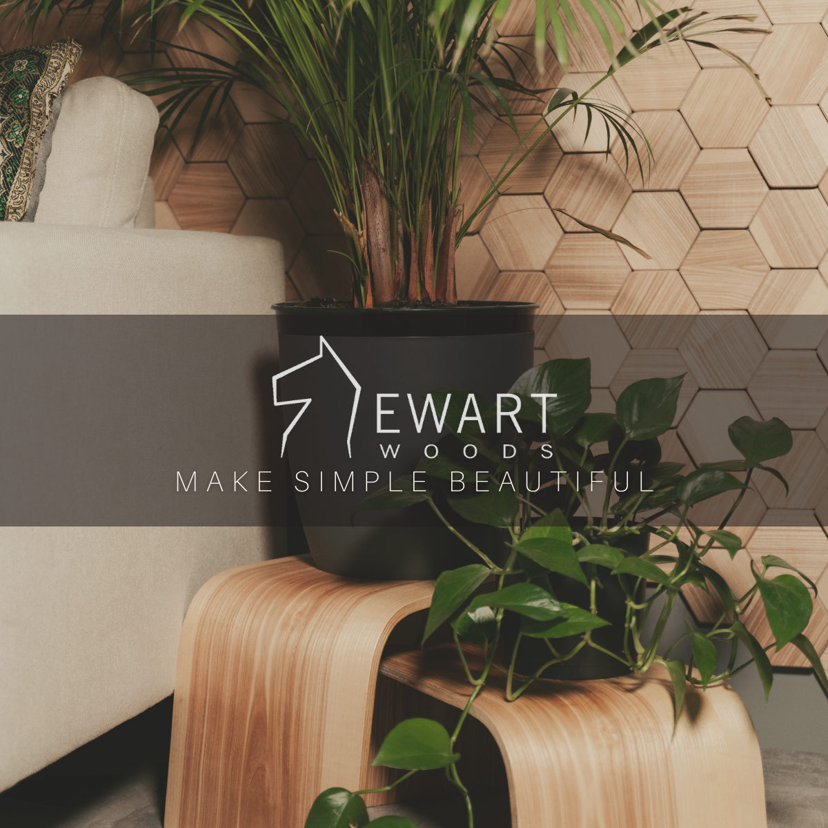 Two plant stands with a polished wood grain texture, holding potted plants,in background hexagon wall . The &