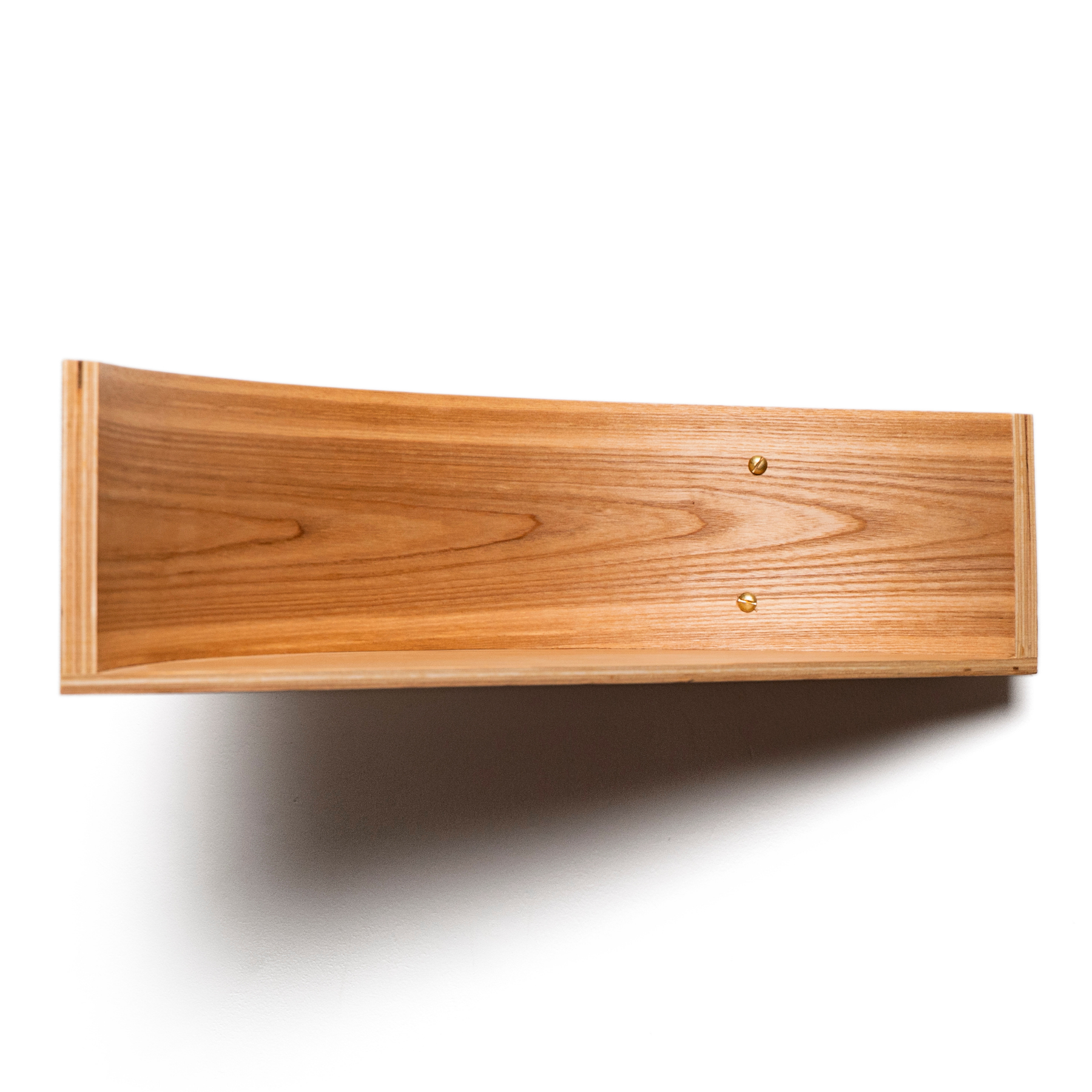 Floating wall shelf wooden half circle with golden screws clear display