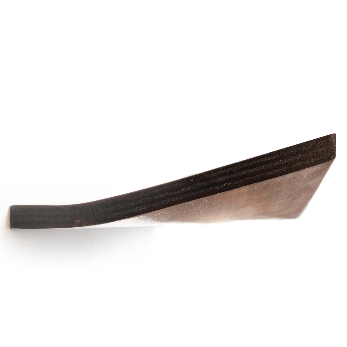 Side view of a wooden shelf with a curved, stained edge. The image highlights the layered construction and the smooth finish of the wood.