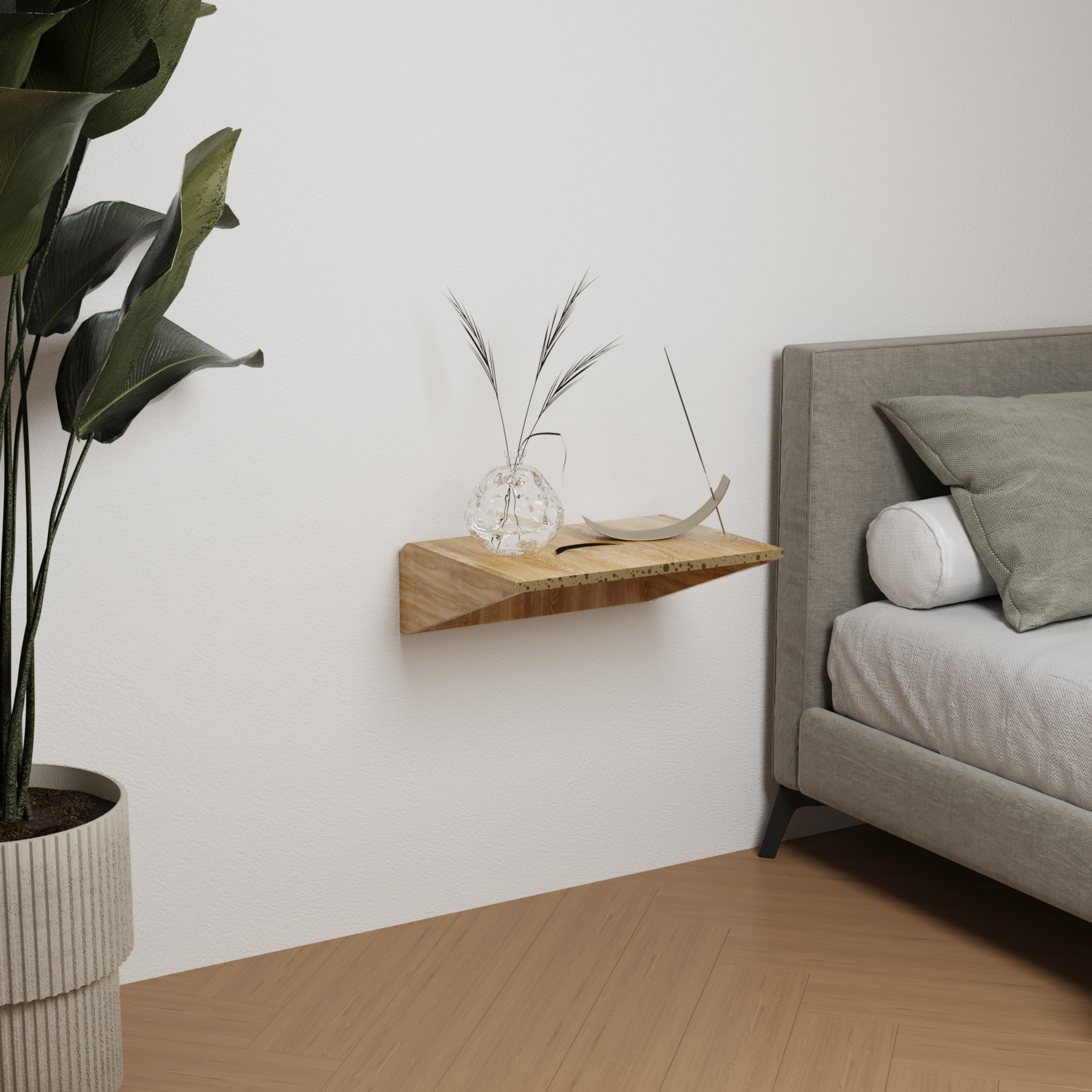 Ash wood floating nightstand with brass detail