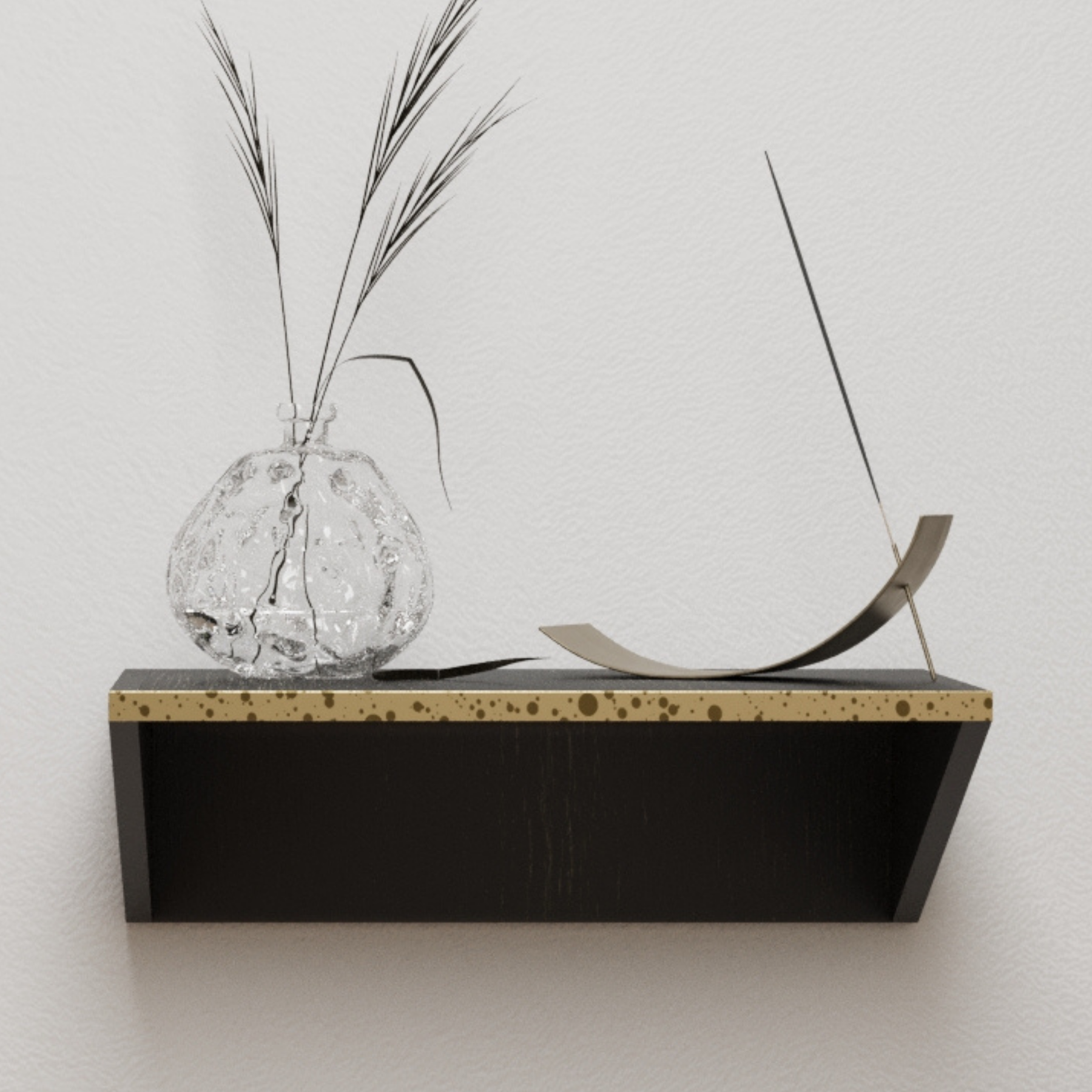 Close-up of wooden floating nightstand with brass detail