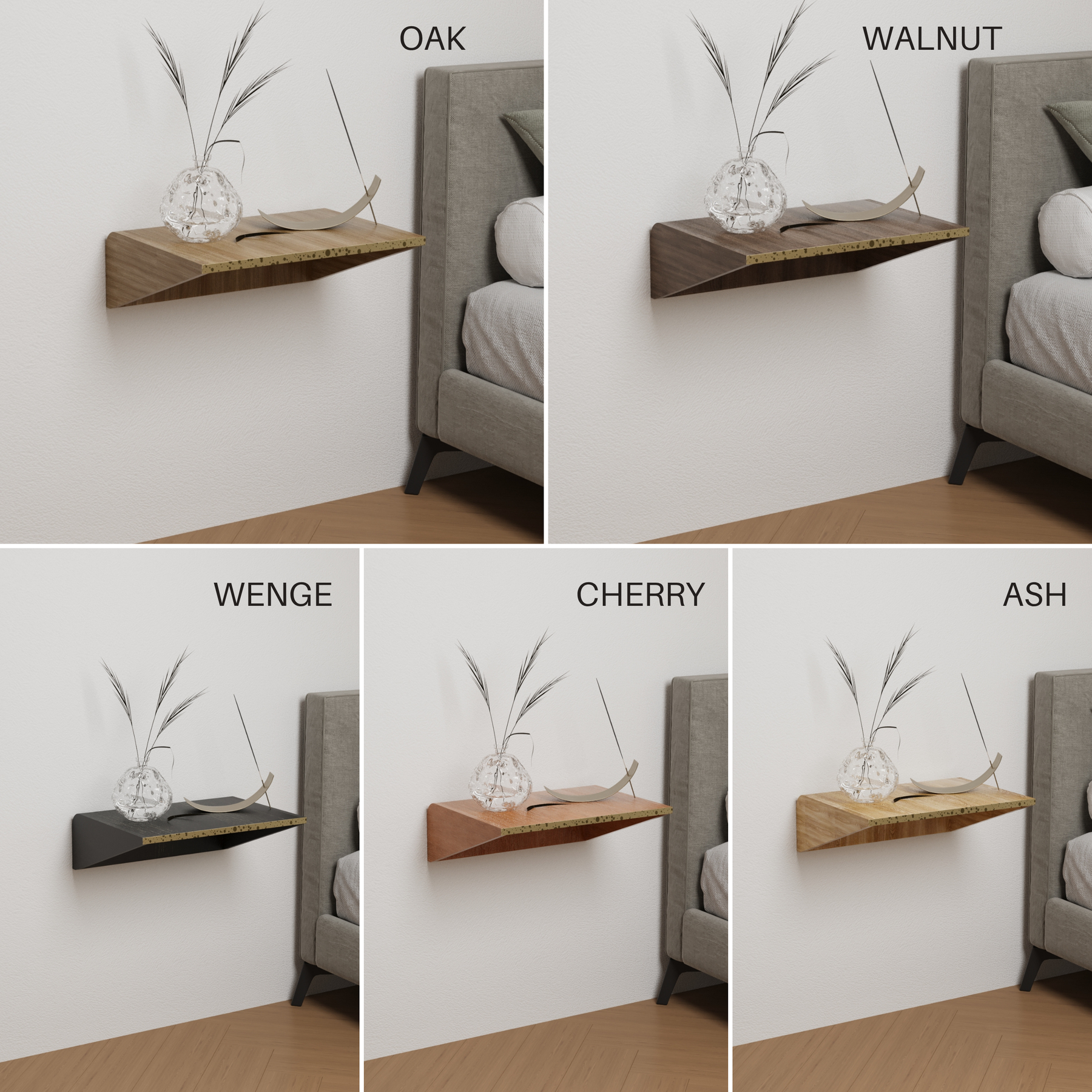 Wooden floating nightstand color variations with brass detail