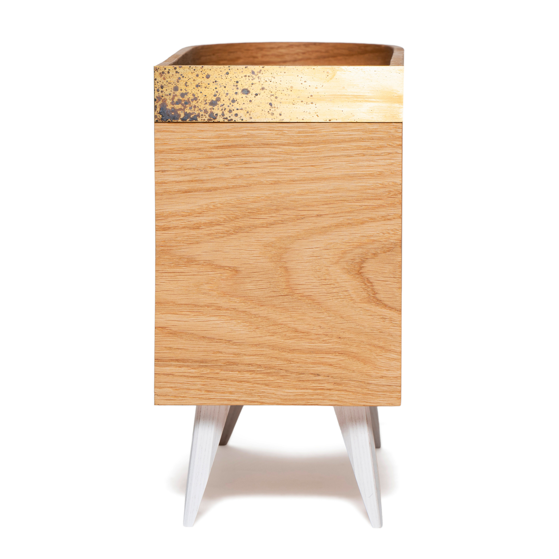 Front view of wooden vinyl record shelf with brass detail