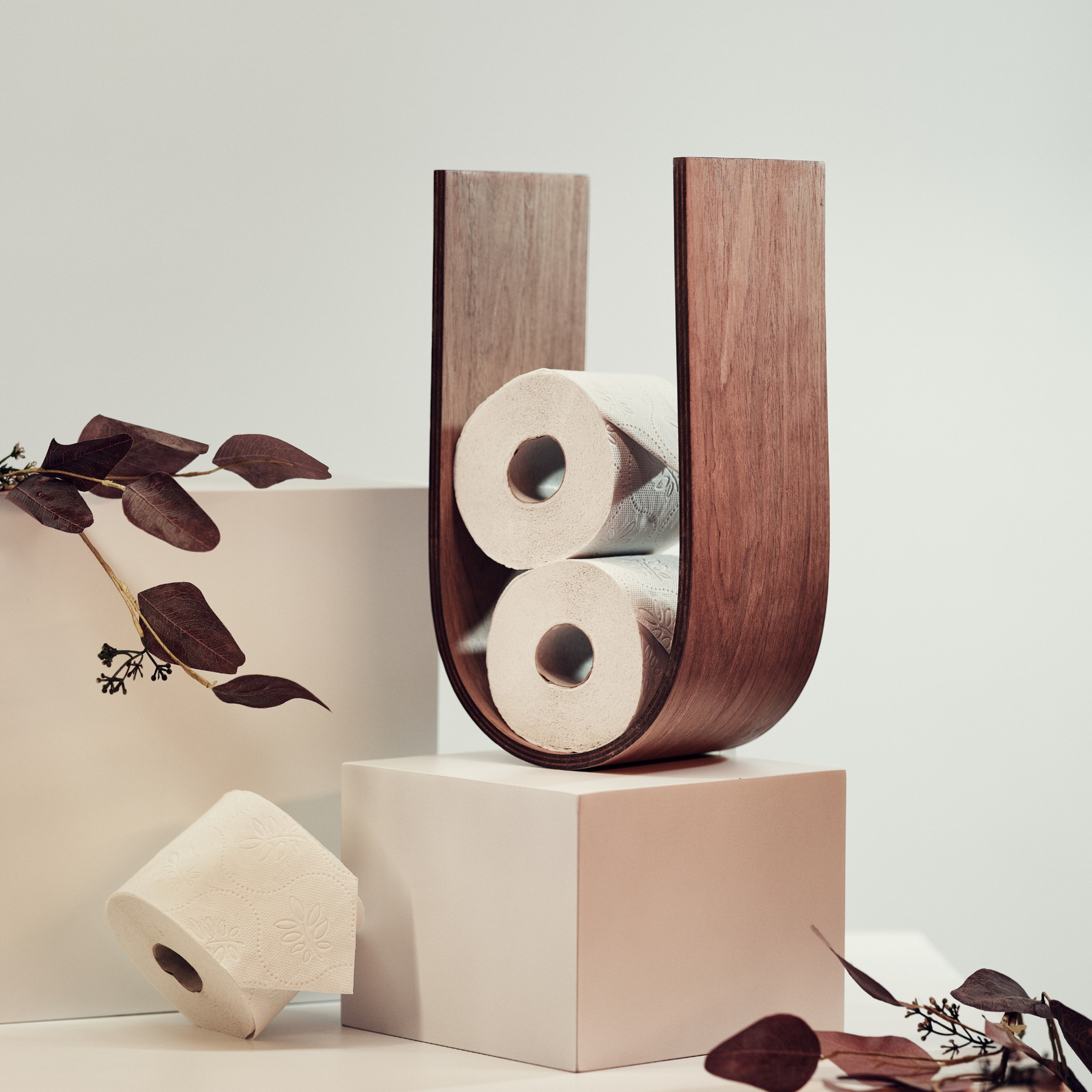 wall mounted toilet paper holder in U form in walnut wood