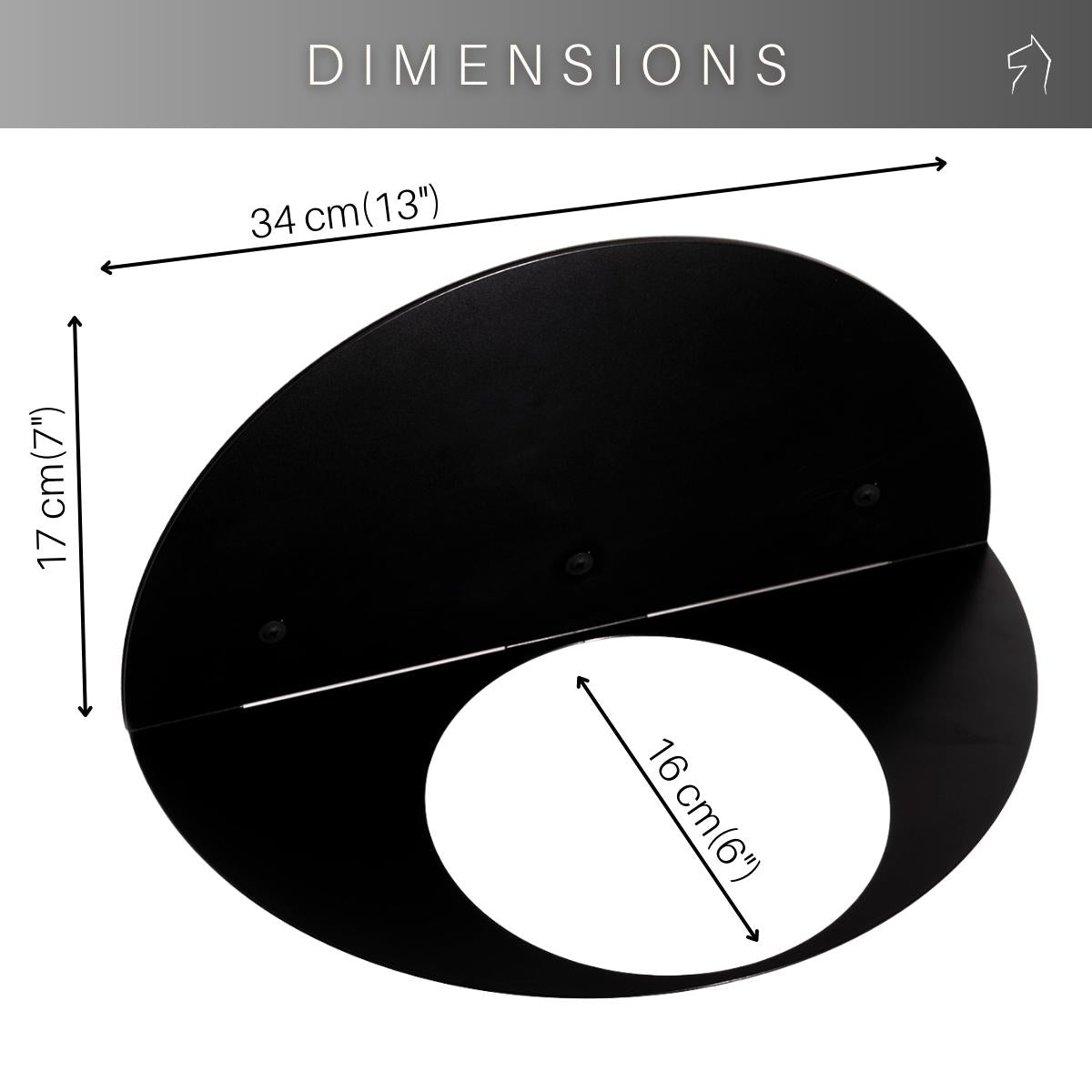 The dimensions for the planter shelf are 34 cm (13") wide, 17 cm (7") tall, with a 16 cm (6") diameter opening.