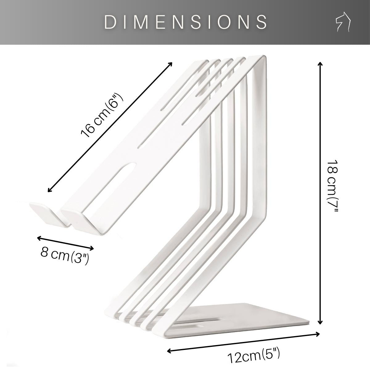White metal phone holder with a slotted design, displayed with measurements: 18 cm tall, 16 cm deep, 12 cm wide at the base, and 8 cm wide at the cradle.
