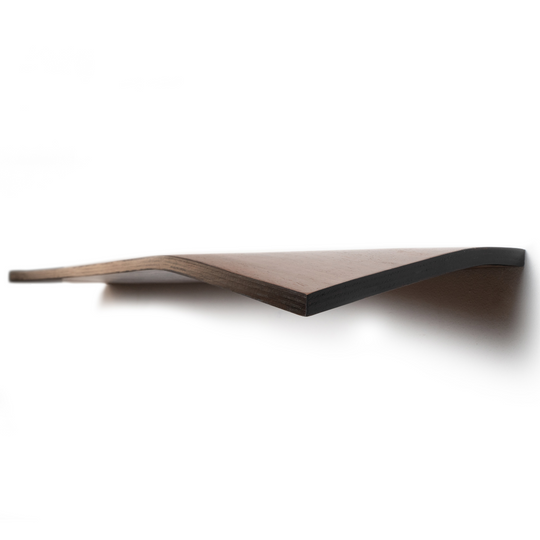 Side view of a wooden shelf with a curved, stained edge, highlighting its layered construction and thin profile. The shelf has a smooth, dark finish.