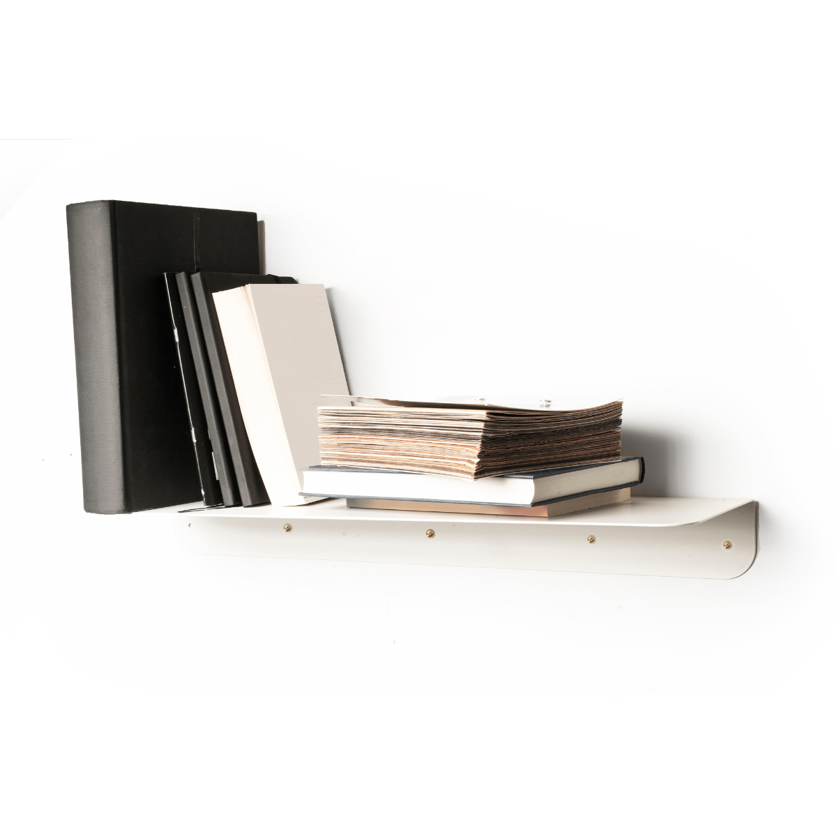 Large white metal floating shelf with golden screws and round corners