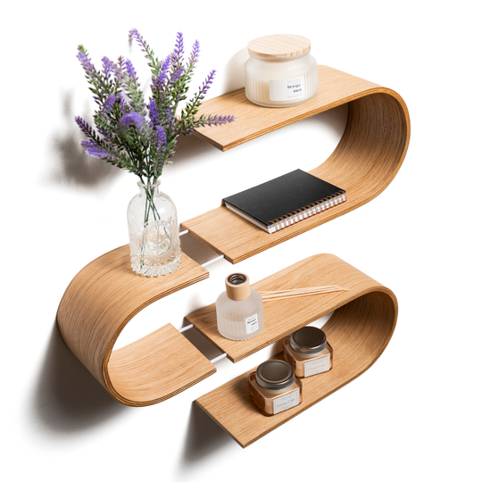 Unique geometric floating wall shelf wooden from a different angle 