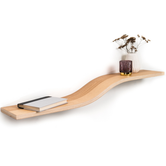 Simple wooden floating shelf in ash wood finish