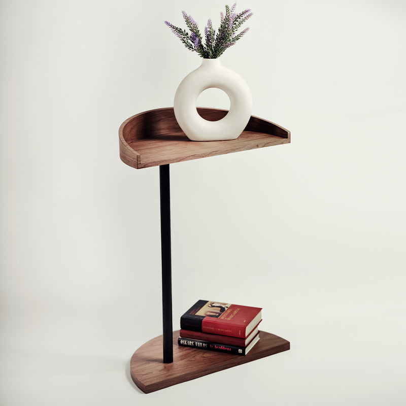 Wooden C-shape sofa side table Timoni slide under couch snack table