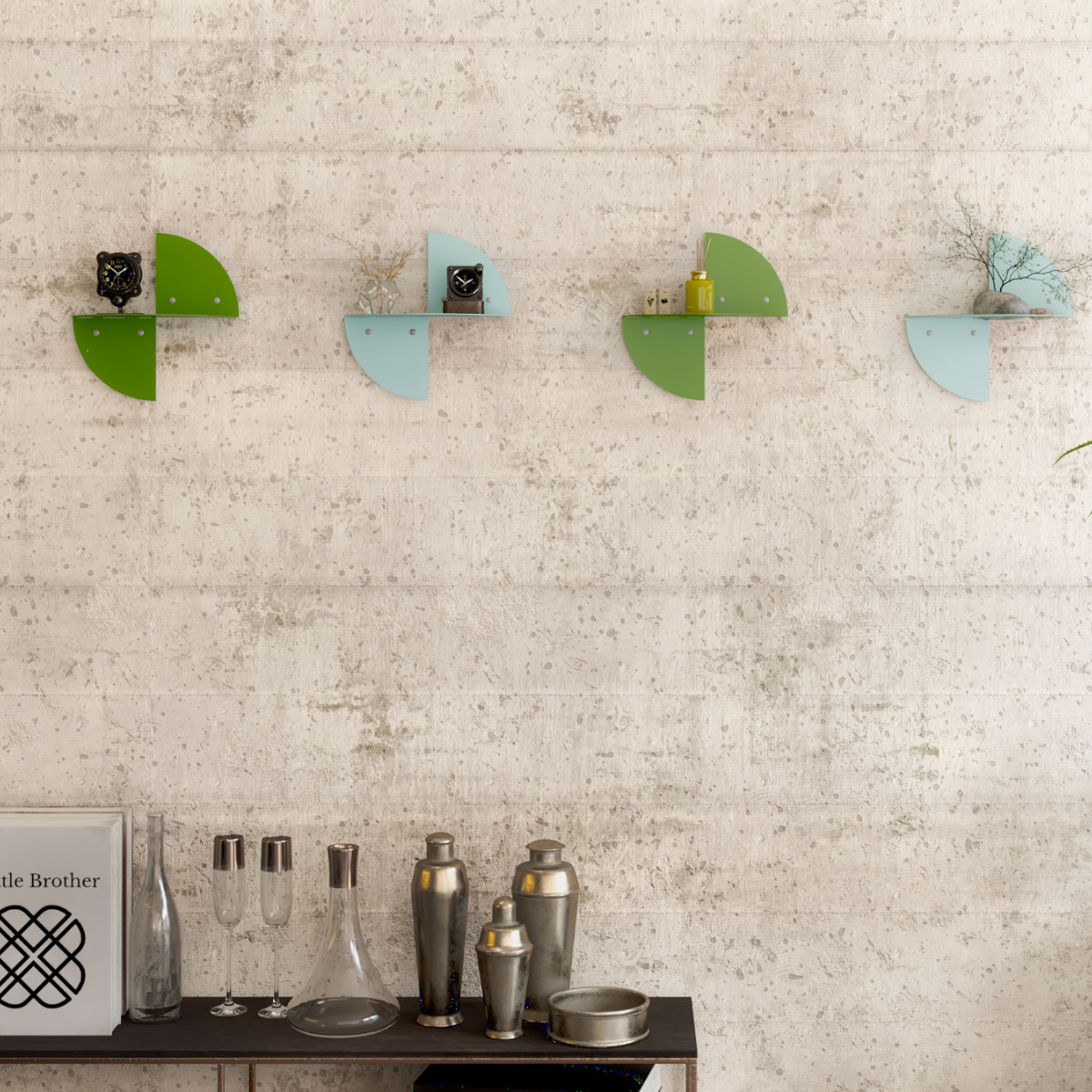 Colorful floating shelves in green and blue, mounted on a textured wall, displaying decorative plants and small items. Below, a wooden console holds glasses, cocktail shakers, and decor, enhancing the vibrant, modern aesthetic.