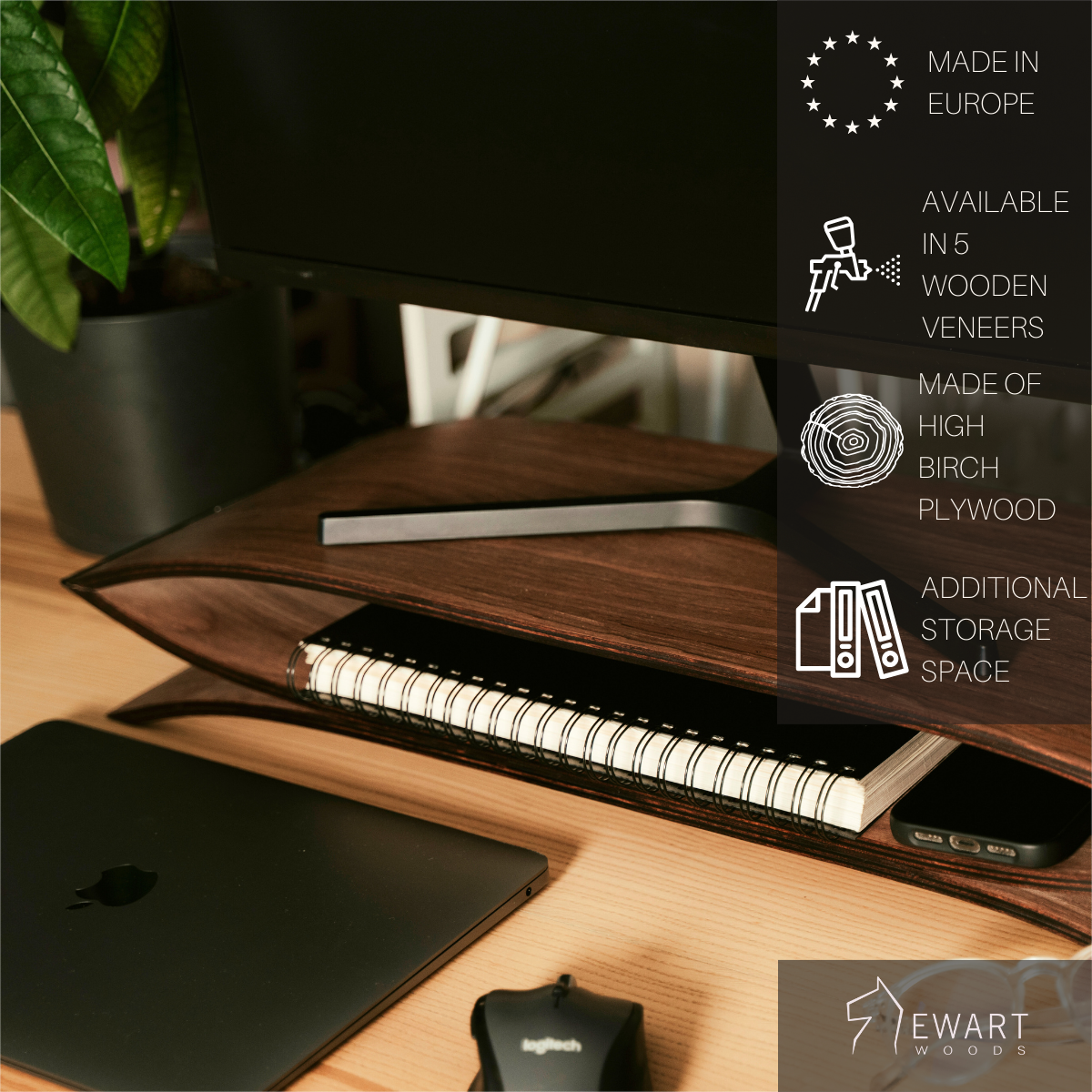 Wooden monitor stand for desk with manufacturer specifics