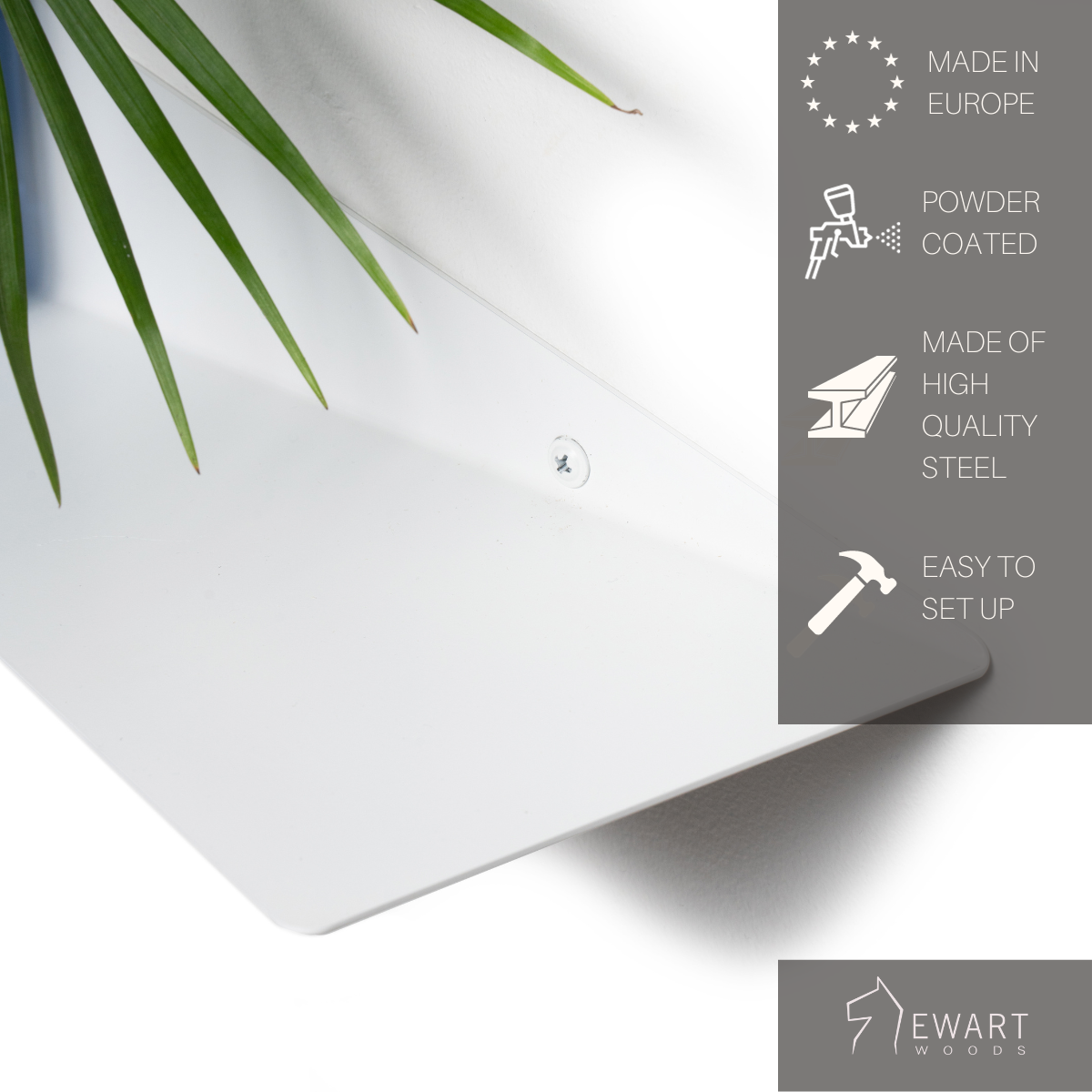 Close-up of a triangular wall shelf with a smooth powder-coated finish, secured with a screw, featuring labels: &