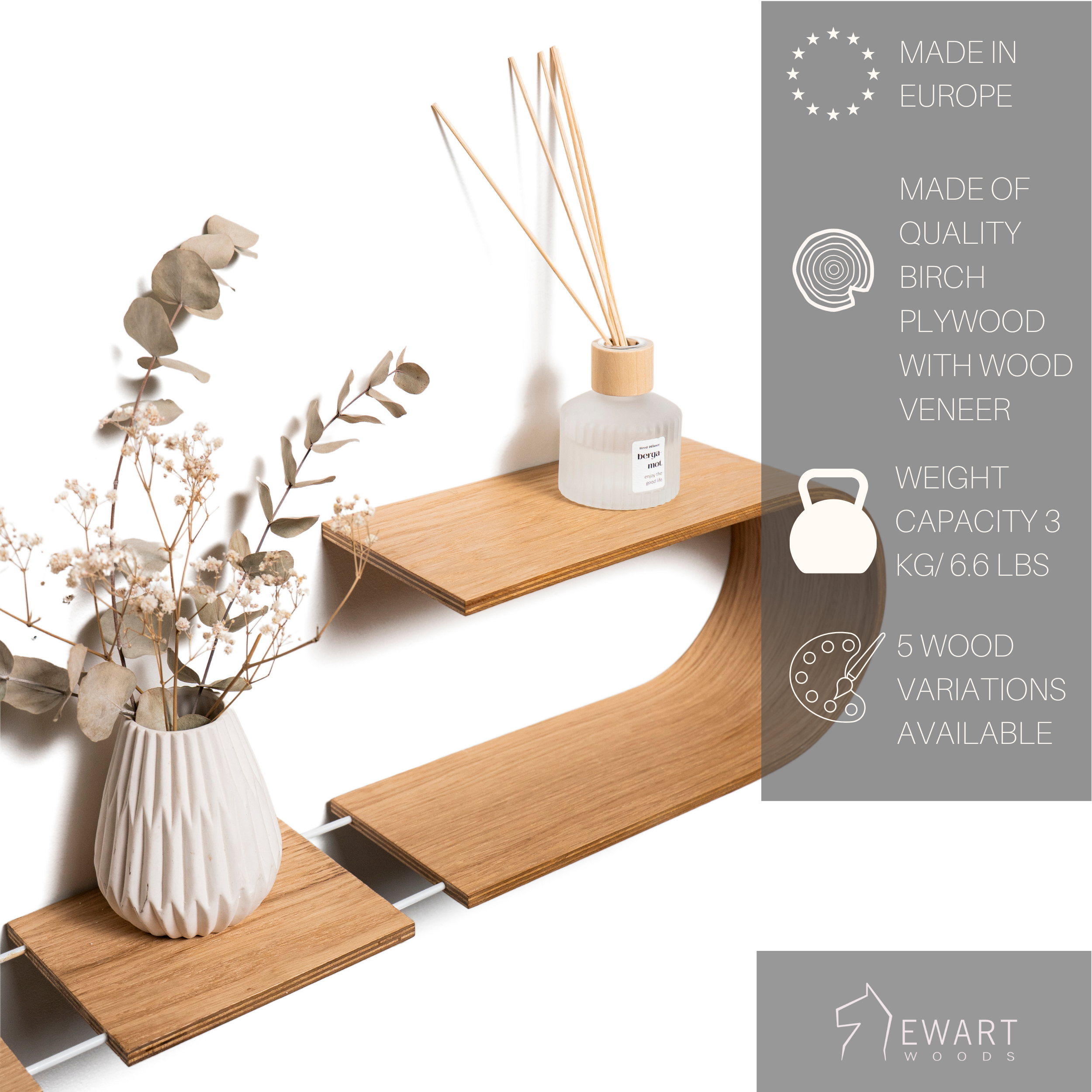Floating wall mounted sculptural shelf with functional design and manufacturer details