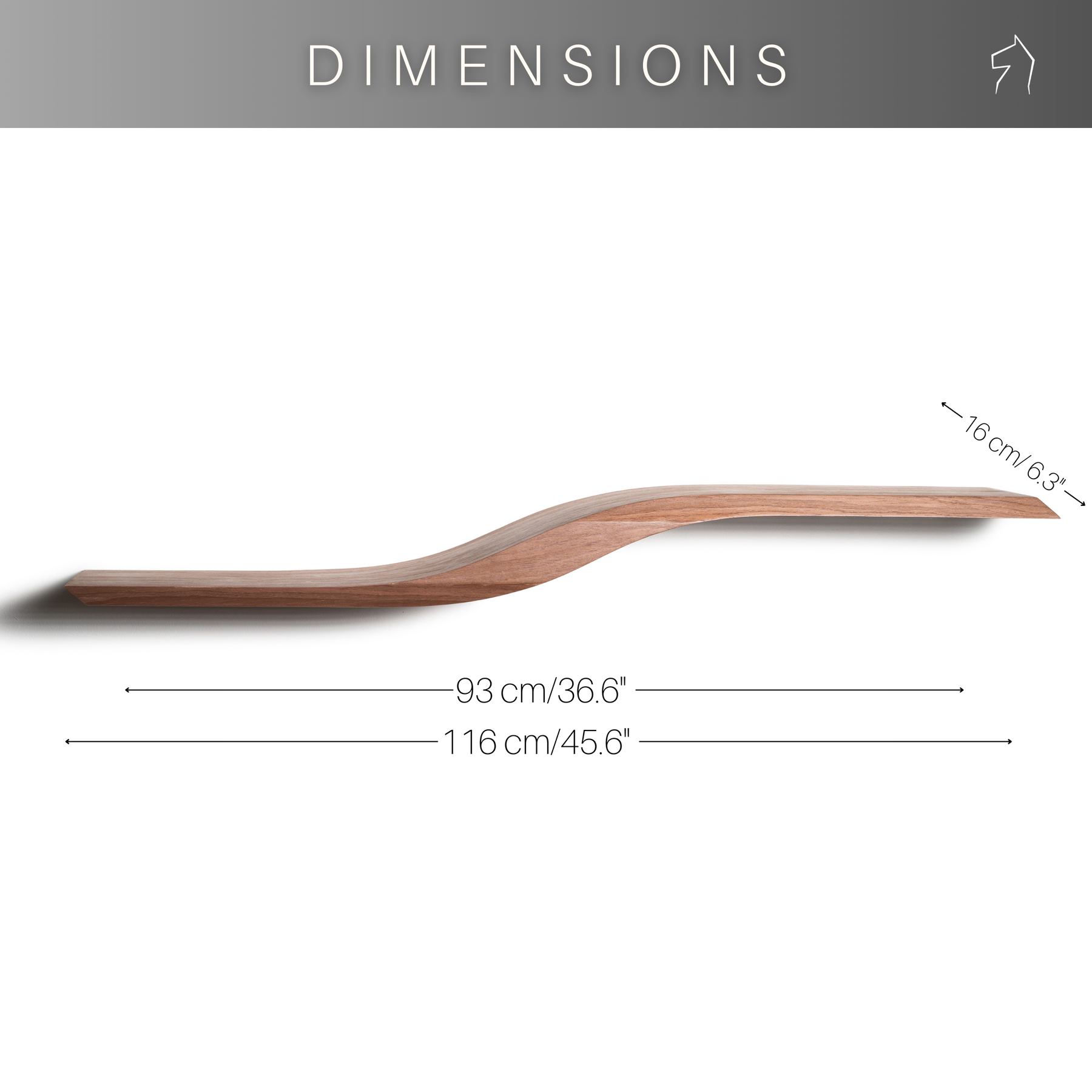 Dimensions for wood curved floating shelf with solid middle wave section