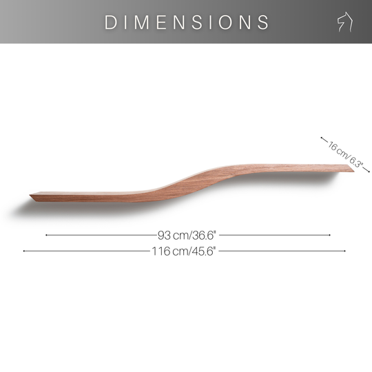 Dimensions for wood curved floating shelf with solid middle wave section