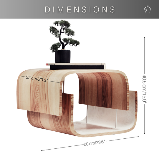 Wooden side table with dimensions labeled on a white background