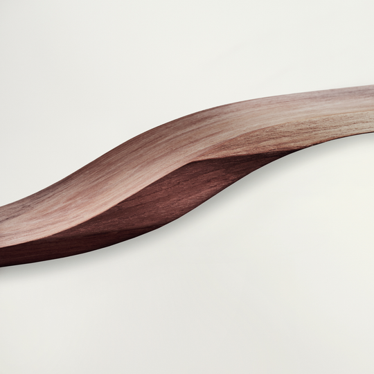 Close-up of the middle of the wood curved floating propeller design shelf