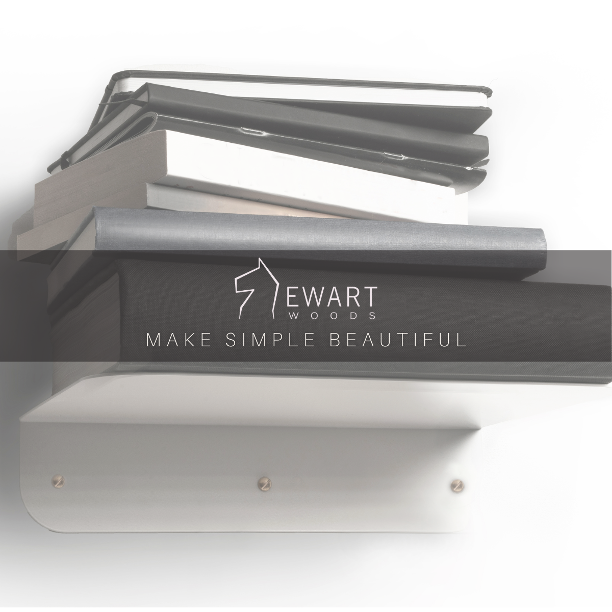 White metal floating shelf with golden screws and round corners by EWART WOODS