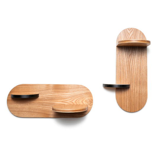 Front view of set of 2 wood circular shelves in ashwood with black accents 