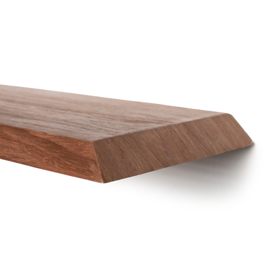 Close-up of the edge of the wood curved floating propeller design shelf