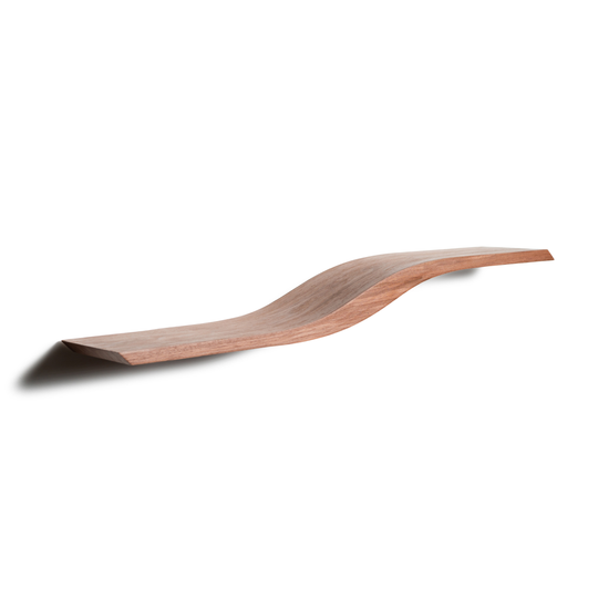 Clear view of wood curved floating shelf with solid middle wave section