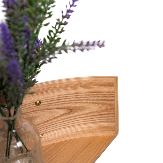 Floating wall shelf wooden half circle with golden screws curved edge design