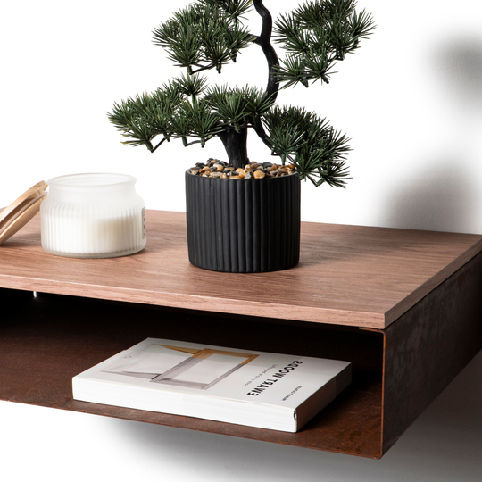 Wall mounted industrial style floating rusted metal floating nightstand with wooden surface 
