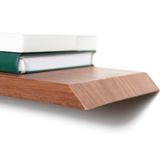 Close-up of the edge of the wood curved floating shelf with solid middle wave section and inclined edges