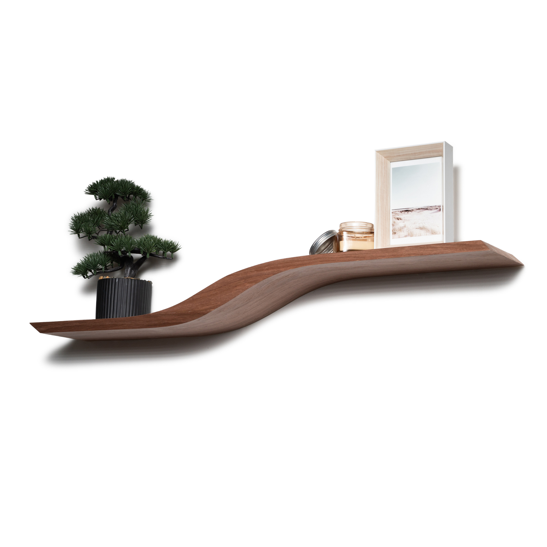 Wood curved floating propeller design shelf for item and decor display