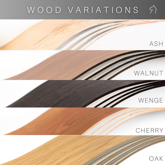 Image showing five wood variations labeled as Ash, Walnut, Wenge, Cherry, and Oak. Each type displayed in a curved design to highlight the wood&