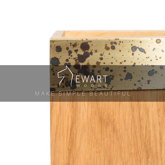 Close-up of ash wood umbrella stand with brass edge made by EWART WOODS