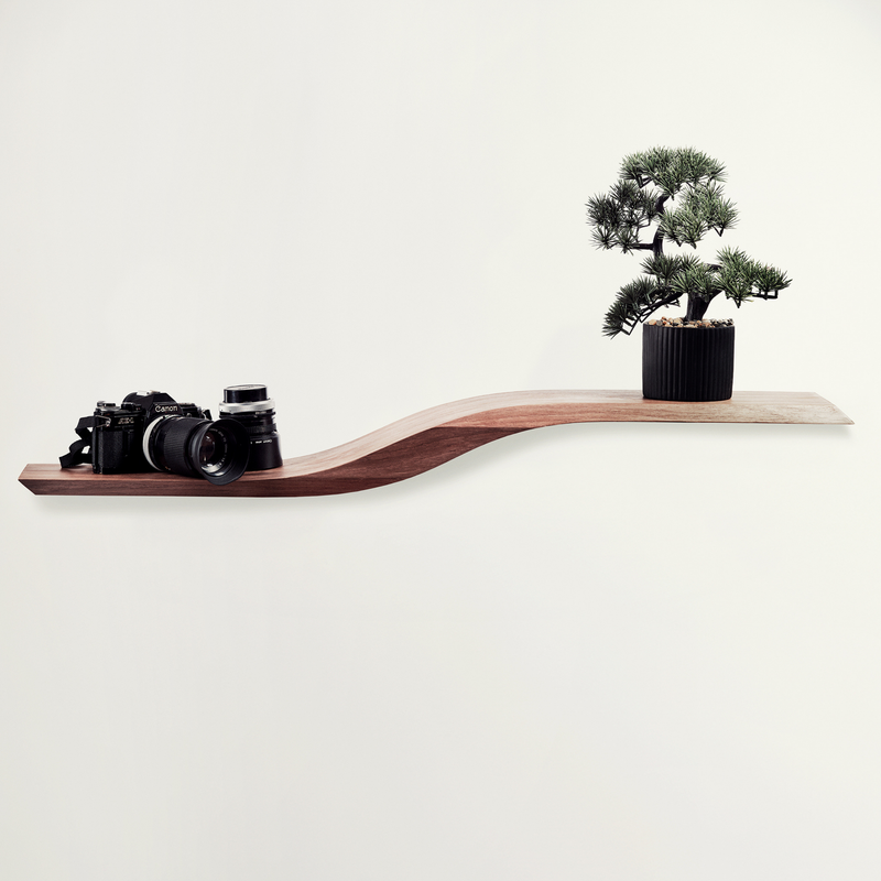 Curved wooden floating shelf with solid middle wave section