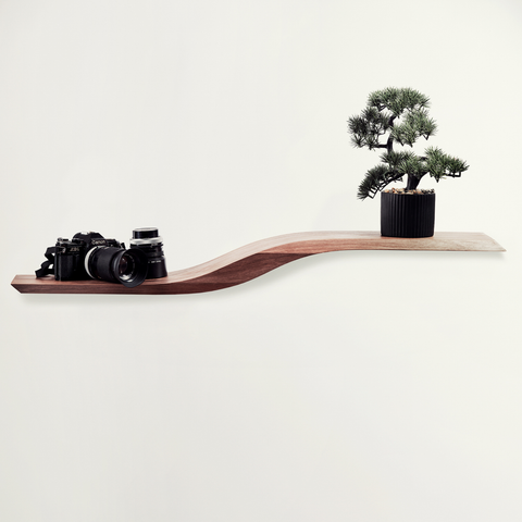 Curved wooden floating shelf with solid middle wave section