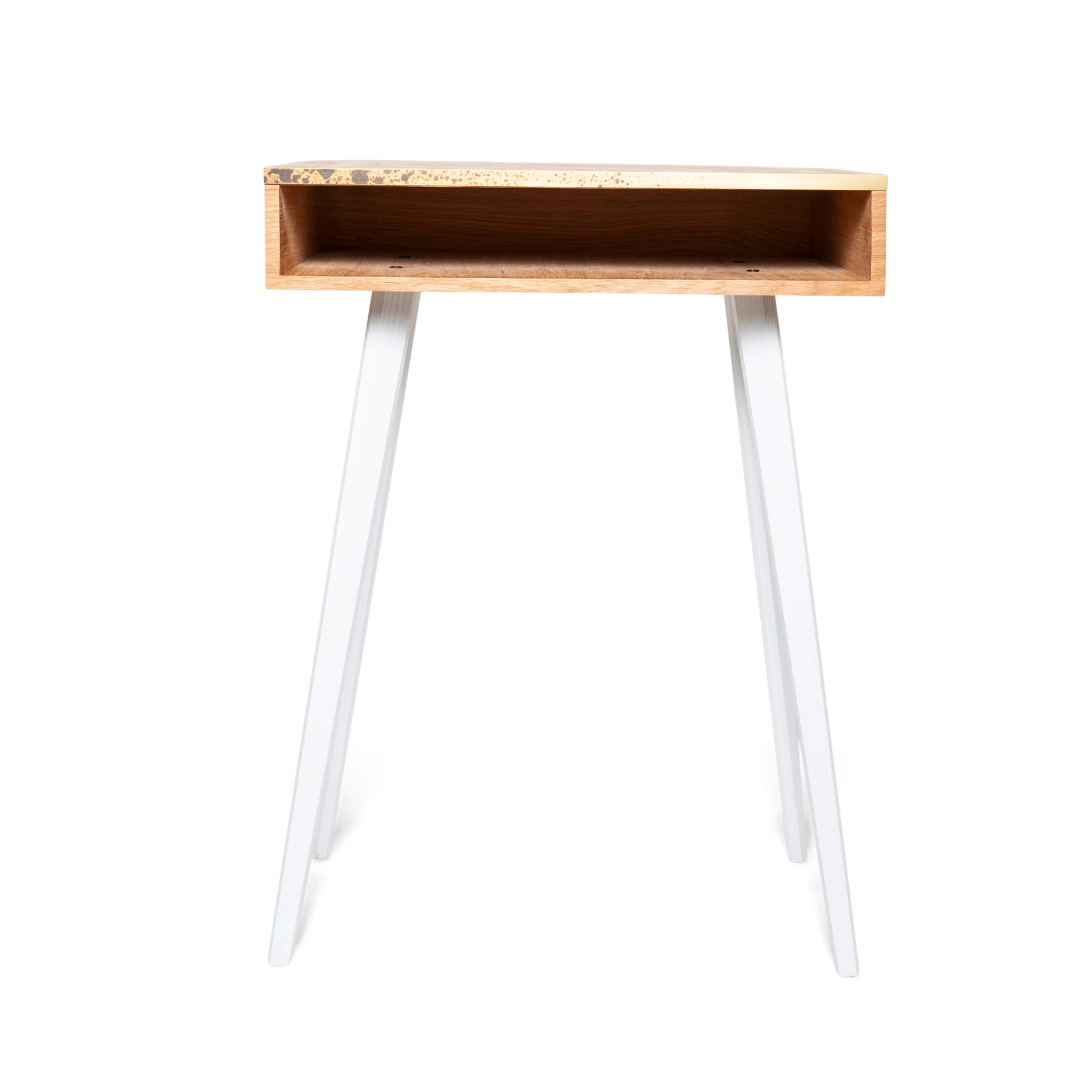 Front view of rectangular wooden nightstand with brass design and white wooden legs 