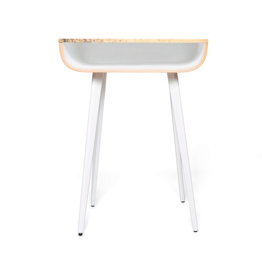 Front view of wooden nightstand with brass design and white wooden legs