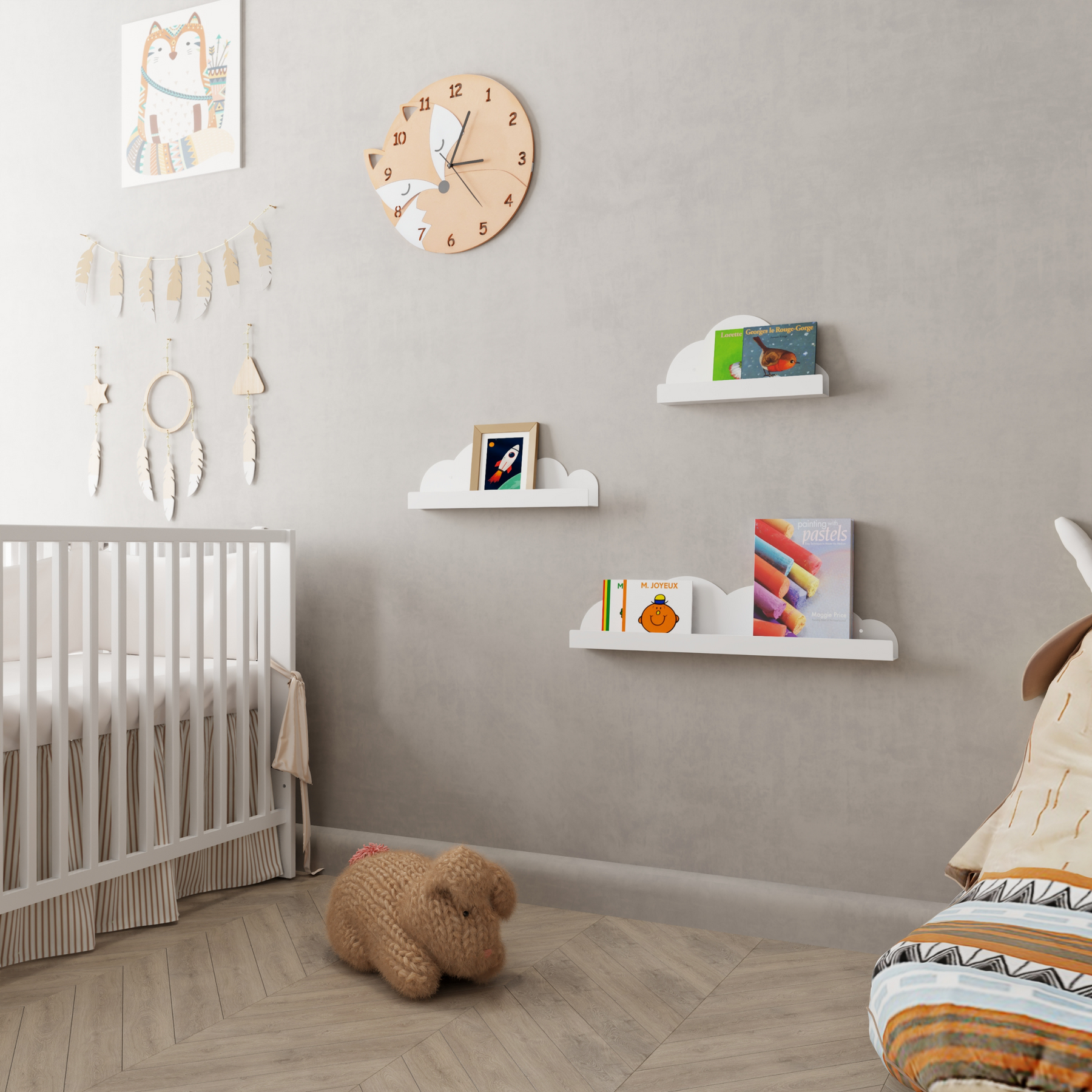 Childrens wall mounted metal cloud bookshelves in white