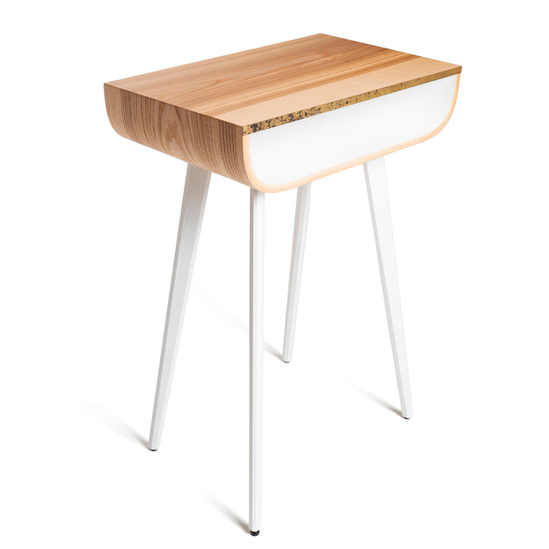 Wooden nightstand with brass design and white wooden legs