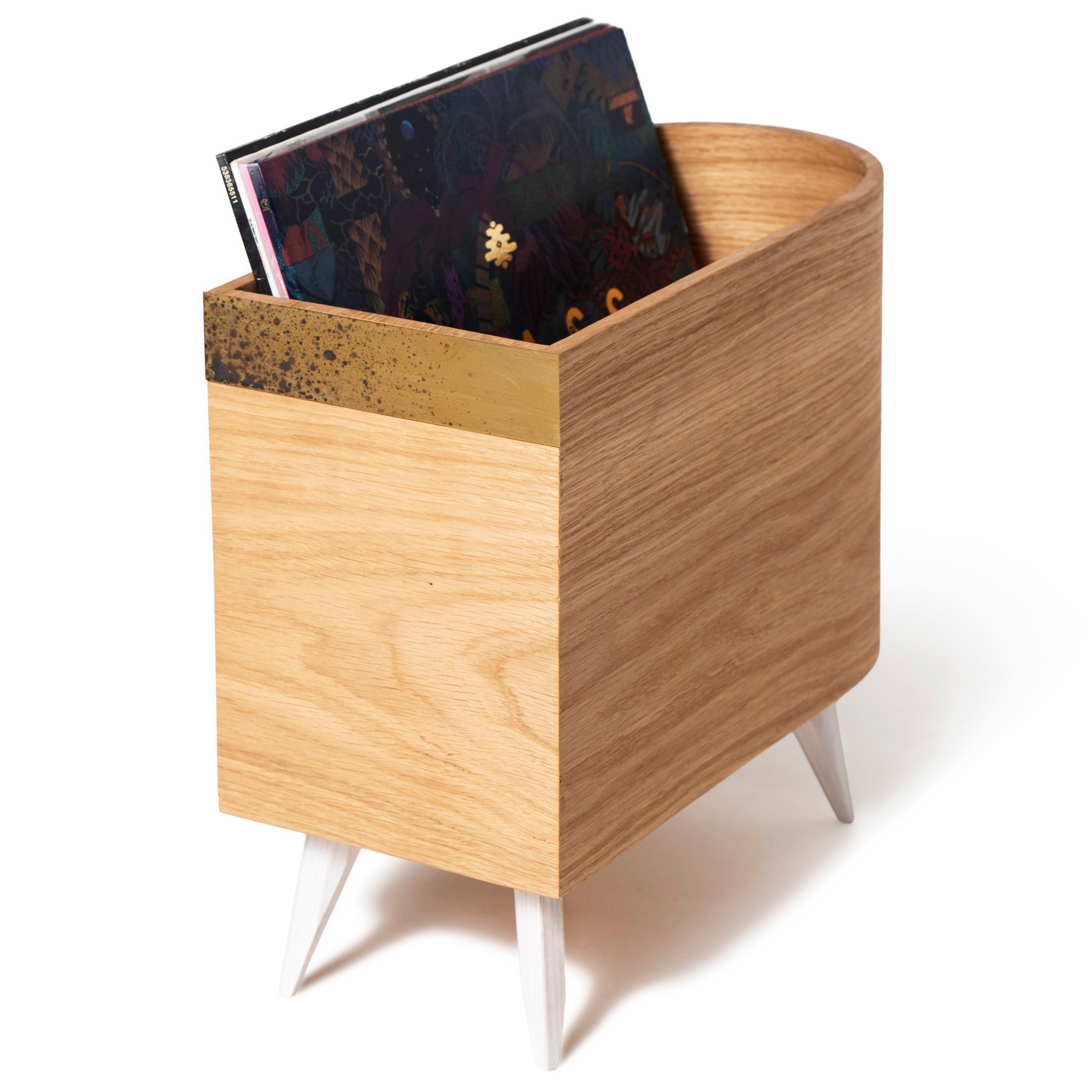 Wooden vinyl record shelf with brass plate on front and white wooden legs 