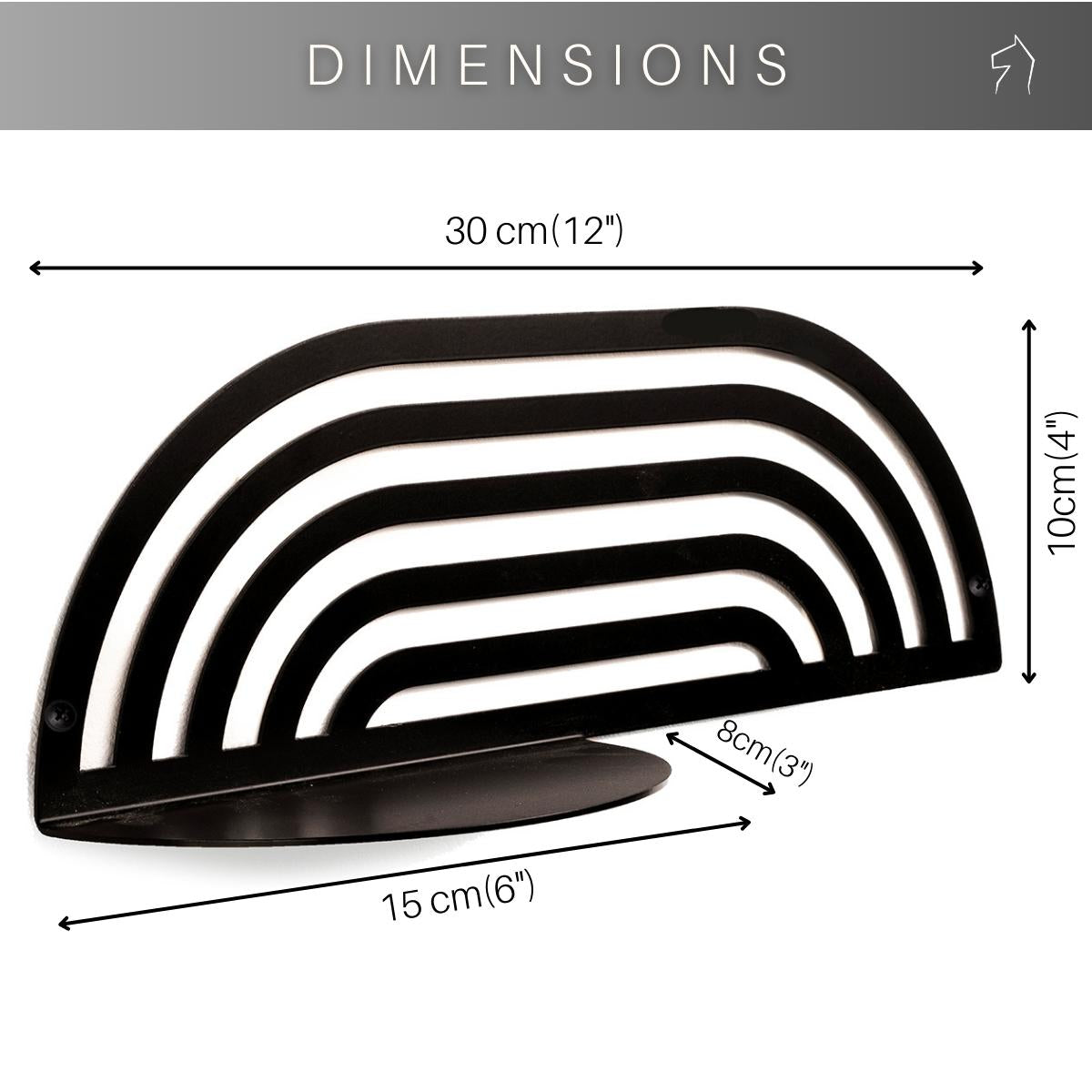 Arched metal rack showing measurements: 30 cm (12 inches) wide, 10 cm (4 inches) high, 15 cm (6 inches) deep, with the shelf extending 8 cm (3 inches) from the wall. 