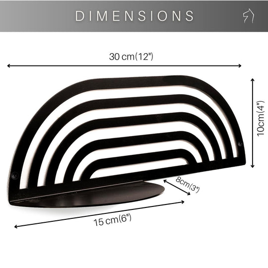 Arched metal rack showing measurements: 30 cm (12 inches) wide, 10 cm (4 inches) high, 15 cm (6 inches) deep, with the shelf extending 8 cm (3 inches) from the wall. 
