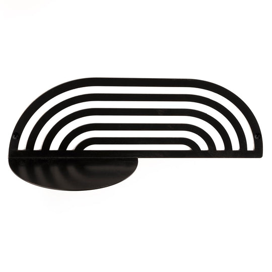 Arched metal shelf with a minimalist design featuring parallel bars and a flat surface for placing items. The shelf is sleek and modern, designed to be both decorative and functional.