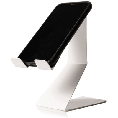 A white, Z-shaped phone stand holding a smartphone upright at an angle,
